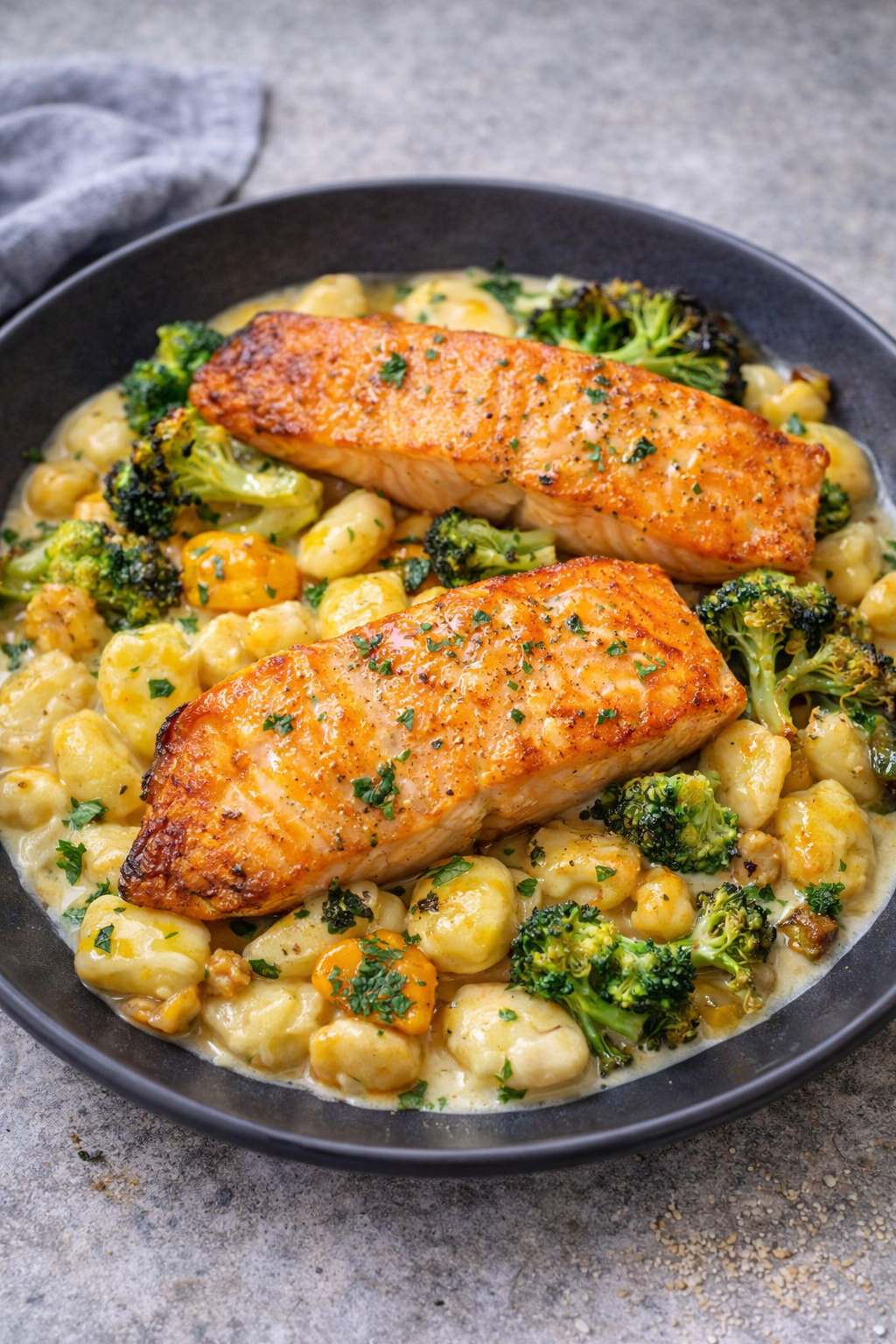 Lachs mit Gnocci und Brokkoli