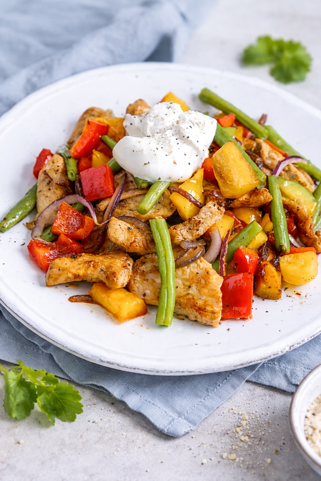 Paprikapfanne mit Pute und Bohnen